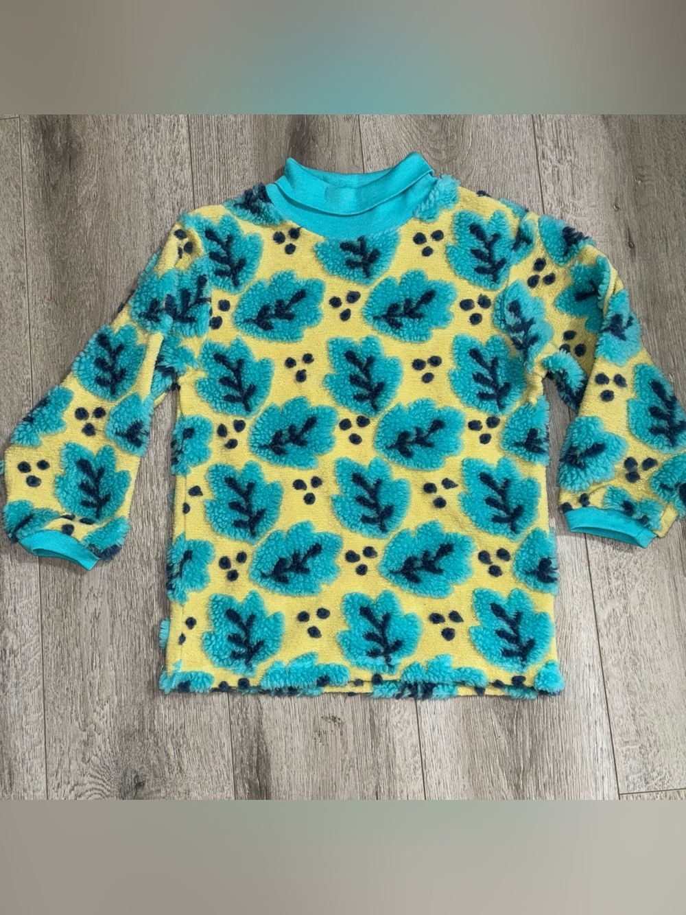Vintage Textured Sherpa Fleece Mock Neck Top Yellow & Teal Leaf Print Girl 7/8